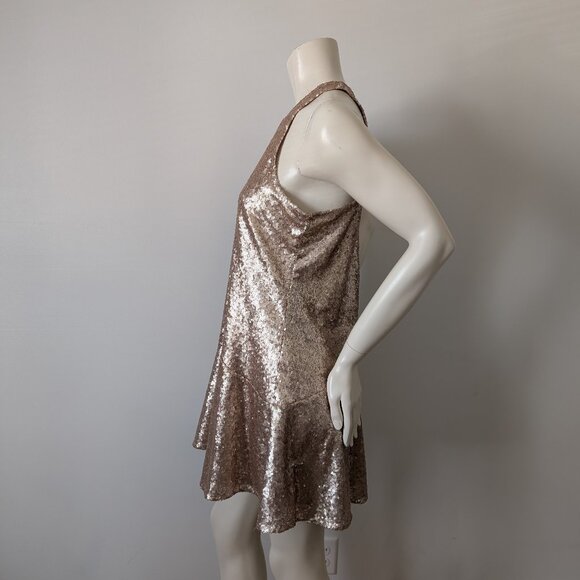 Free People - "Liquid Shine" Gold Sequin Drop Waist Mini Dress - Size S - Picture 3 of 7